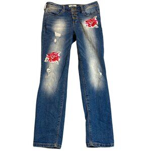 Black Daisy Womens Embroidered Jeans 3/26 Jamie Relaxed Skinny Blue Floral Denim